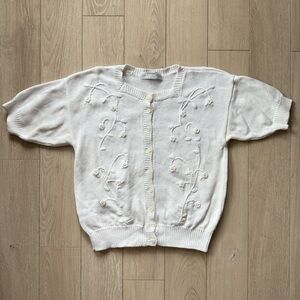 Vintage St Michael White Floral Embroidered Short Sleeve Cardigan Size 8/10